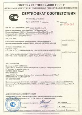 Сертификат на потолочные светильники ИНТЕССО